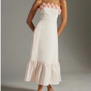 Hutch strapless pink midi dress with roses and ruffle hem